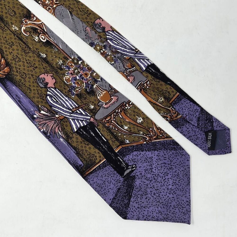 TABASCO VINTAGE SILK TIE PURPLE NEUTRAL BUTLER JACQUARD SATIN 3.75" X 59"